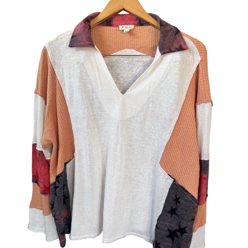 POL Oversized Colorblock Star Top Medium Boho Western V Neck Collared Shirt